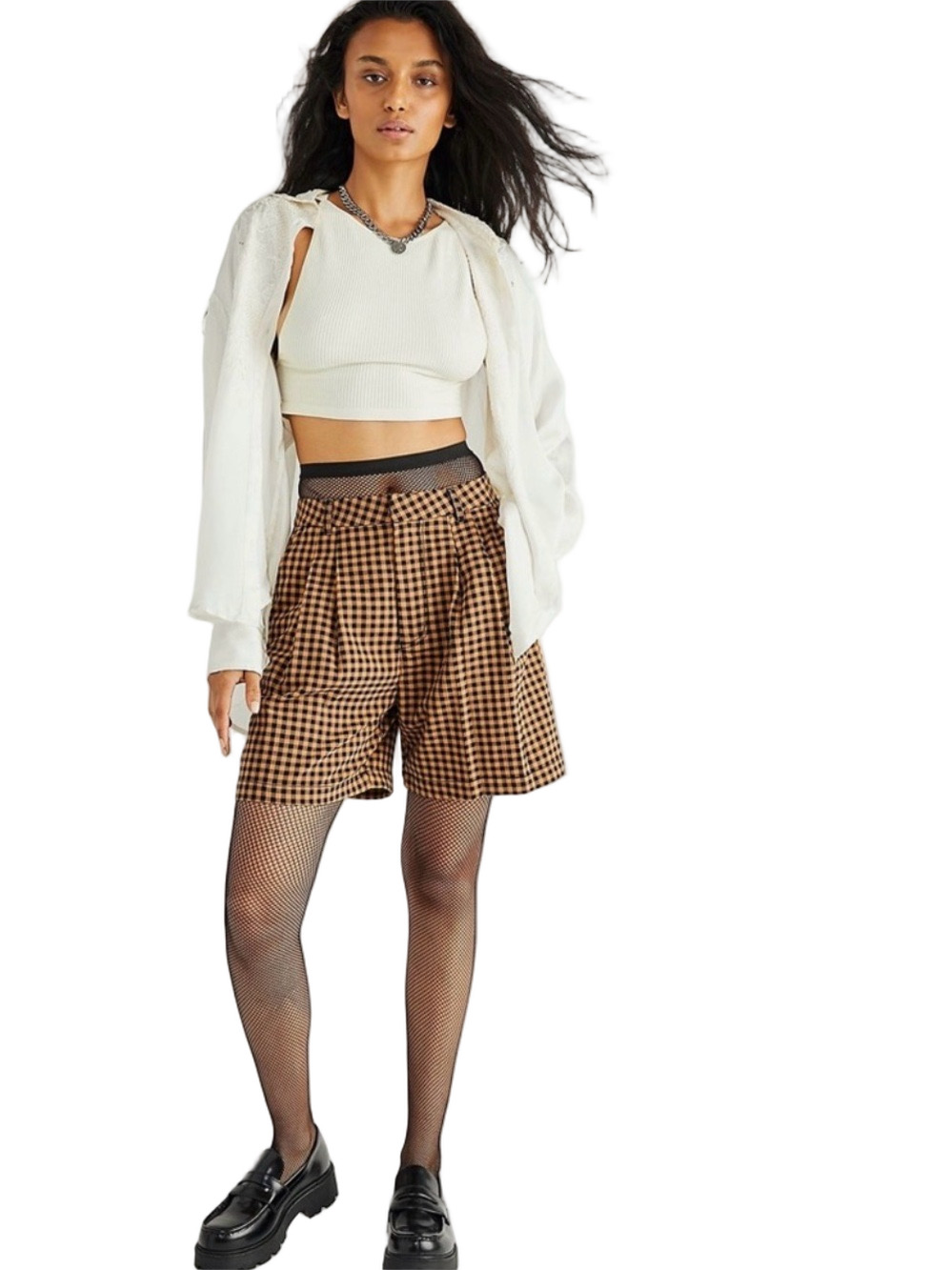 đ©BRIXTON High-Waist Gingham Plaid Shorts in Tan and Black size 26 GUC - Picture 2 of 10